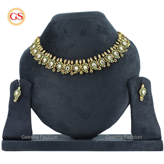 Green Kundan Stones Mango Design Necklace And Earrings