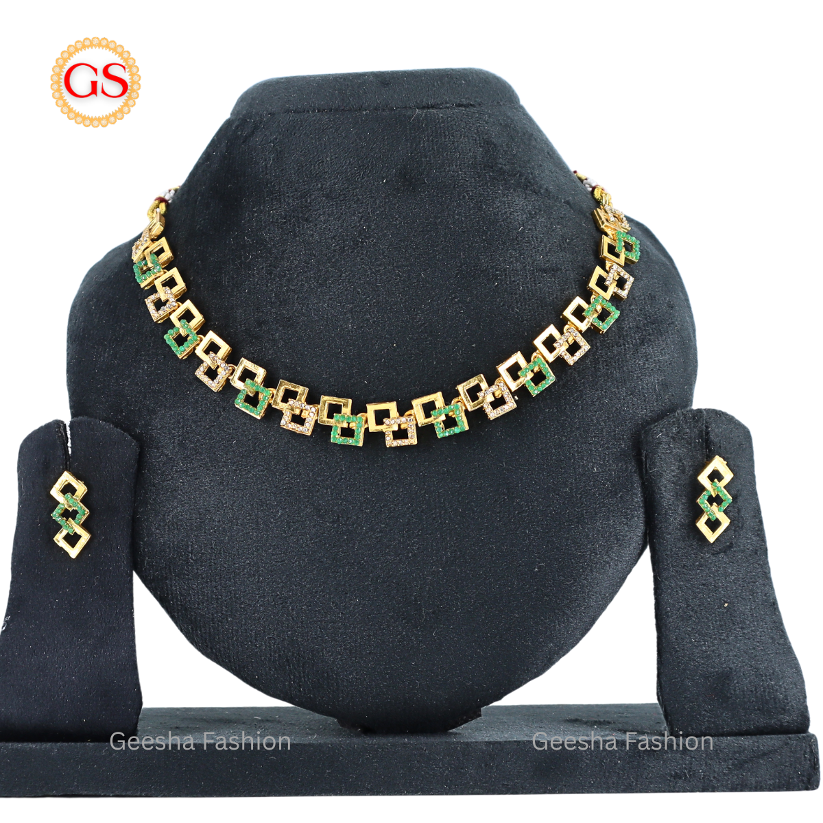 Green And White Stone Square Design Gold Plated Necklace And Earrings
