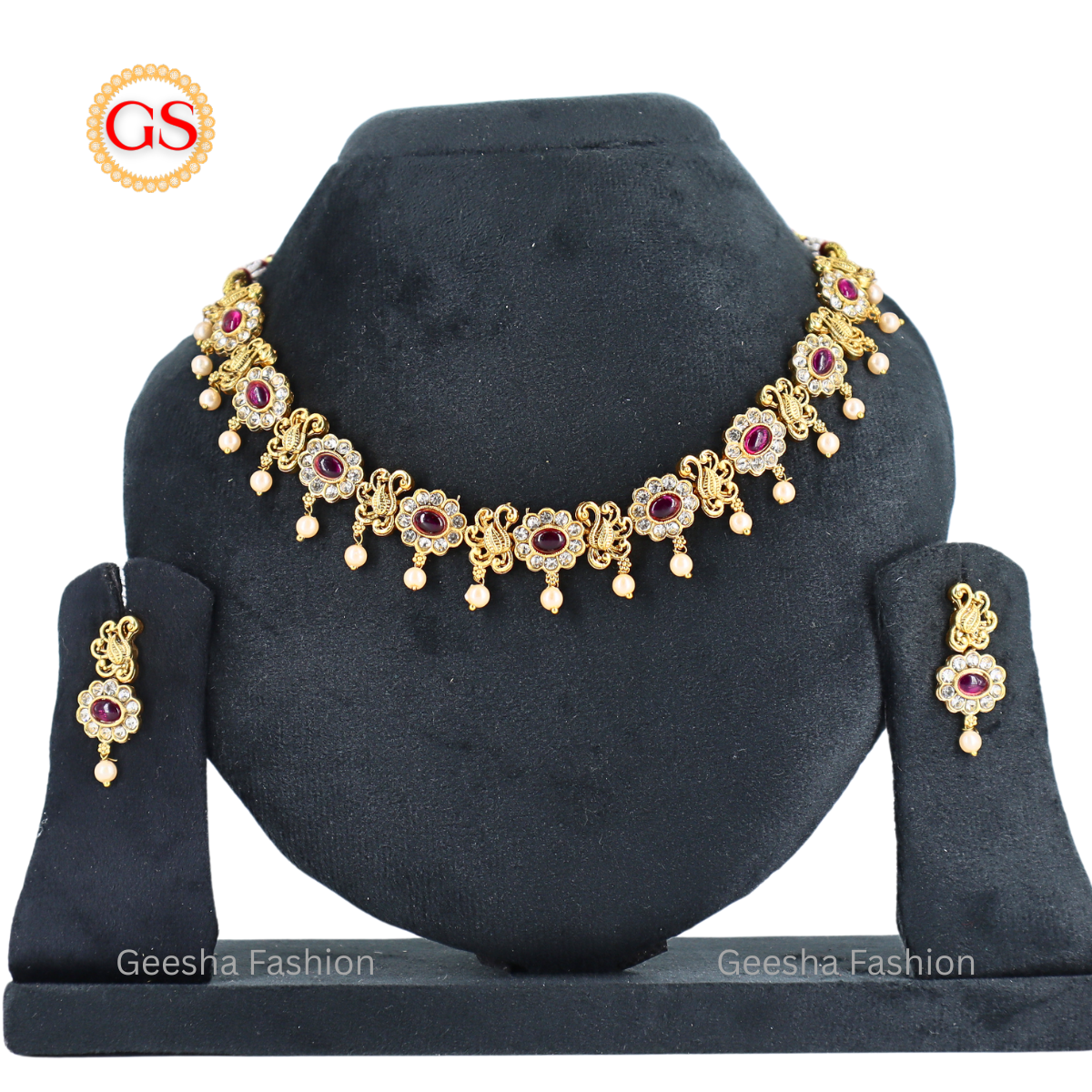 Red Colour Flower And Peacock Design Antique Necklace And Earrings Set With Pearl Beads