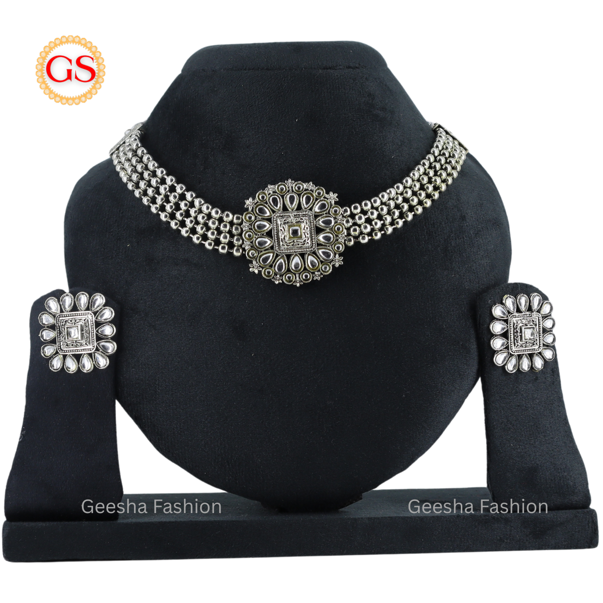 White, Silver Stone Square Design Pendant Oxidized Silver Necklace And Earrings Set