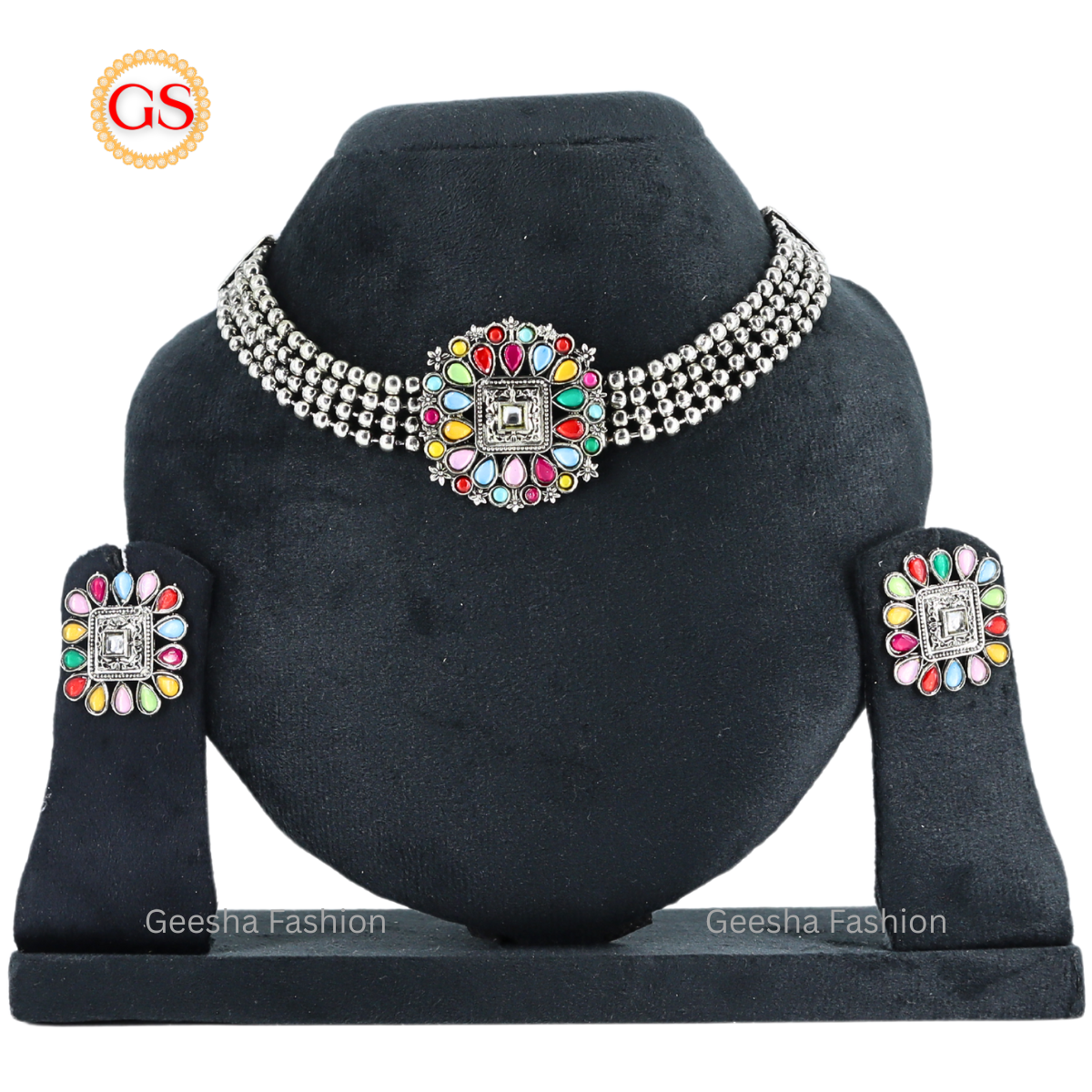 Multicolour Stone Oxidized Silver Necklace And Earrings Set