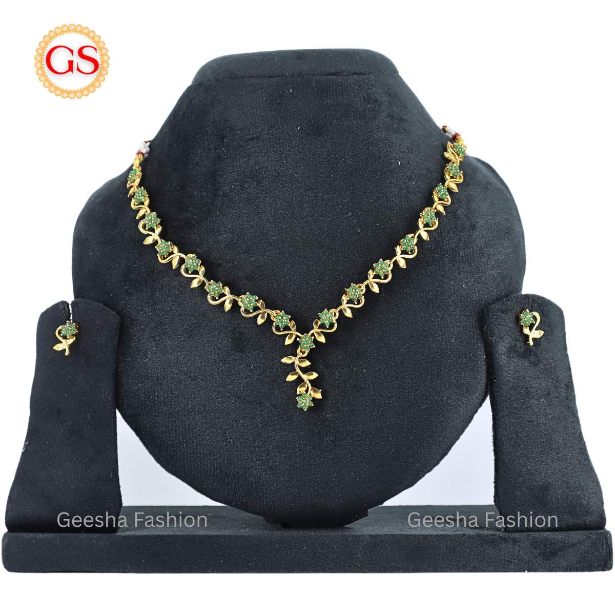 Green Stone Flower And Leaf Design Cascading Necklace And Earrings Set