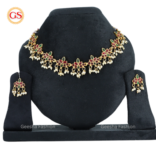 Multicolour Stone Gold Plated Necklace And Earrings Wtih White Beads