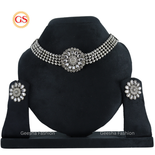 White, Silver Stone Chakra Design Pendant Oxidized Silver Necklace And Earrings Set