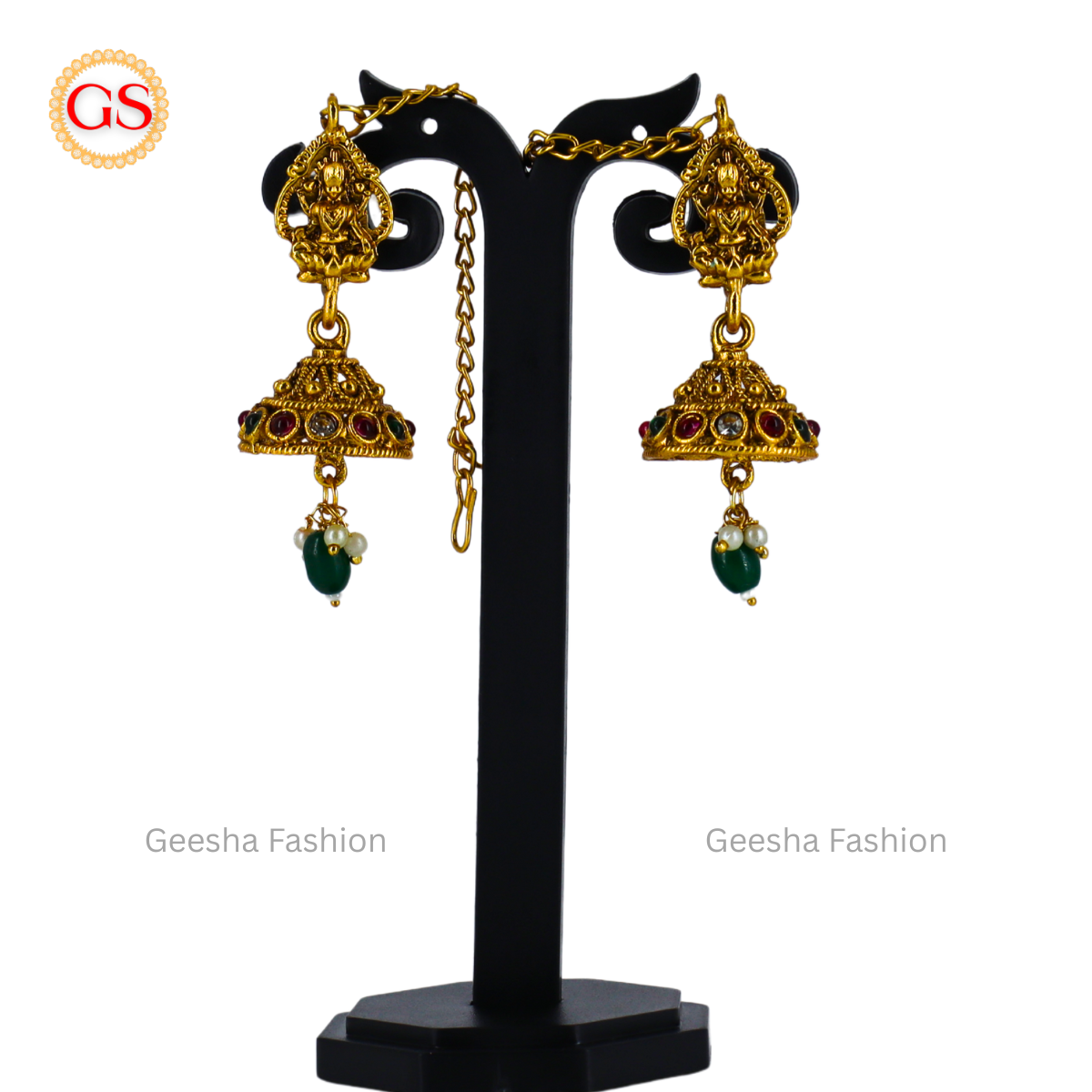 Lakshmi And Peacock Design Antique Chokkar And Jumka Set With Green Beads