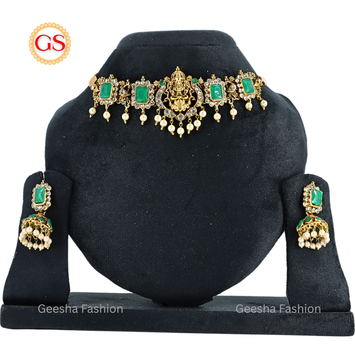 Green And White Stone Lakshmi Design Chokkar And Jumka Set With Pearl Beads