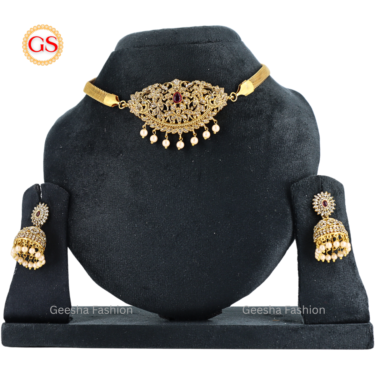 Red And White Stone Pendant Design Antique Finish Chokkar And Jumka Set With Pearl Beads