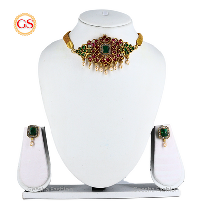 Multicolour Flower Design Antique Chokkar And Earrings Set