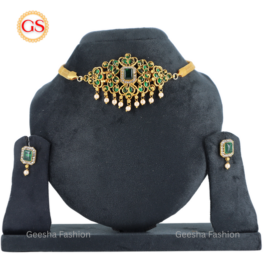 Green Colour Flower Design Antique Chokkar And Earrings Set