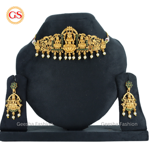 Lakshmi Design Green Stone Matte Finish Chokkar And Earrings Set