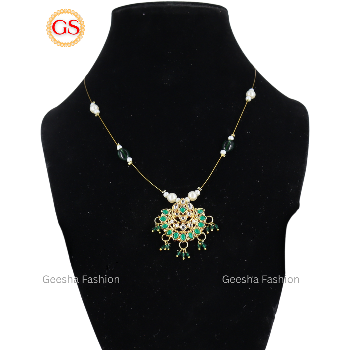 Green And White Kundan Stone Invisible Chain with Green beads