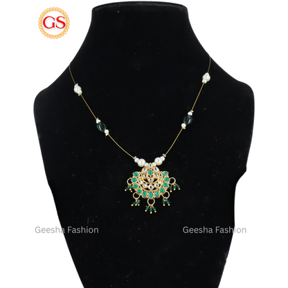 Green And White Kundan Stone Invisible Chain with Green beads
