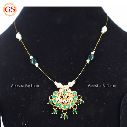 Green And White Kundan Stone Invisible Chain with Green beads