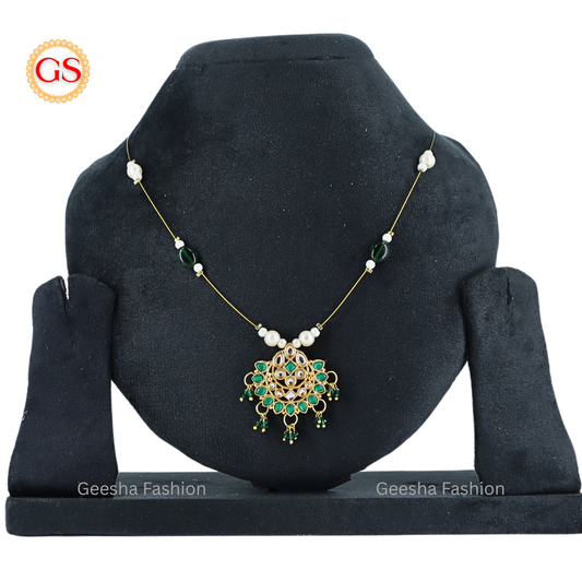Green And White Kundan Stone Invisible Chain with Green beads