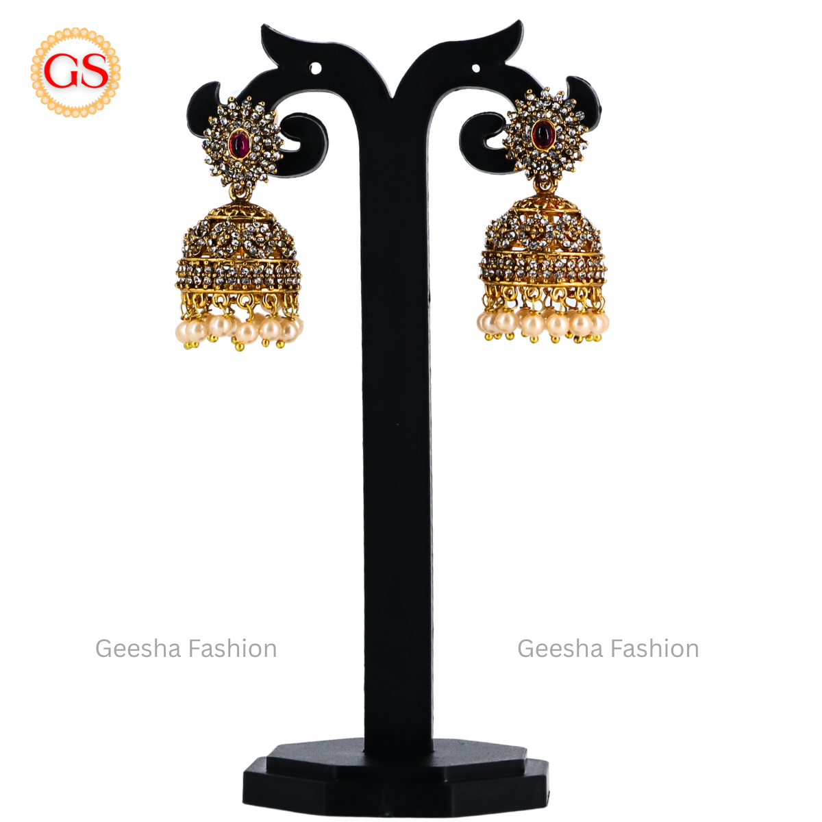 Red And White Stone Pendant Design Antique Finish Chokkar And Jumka Set With Pearl Beads