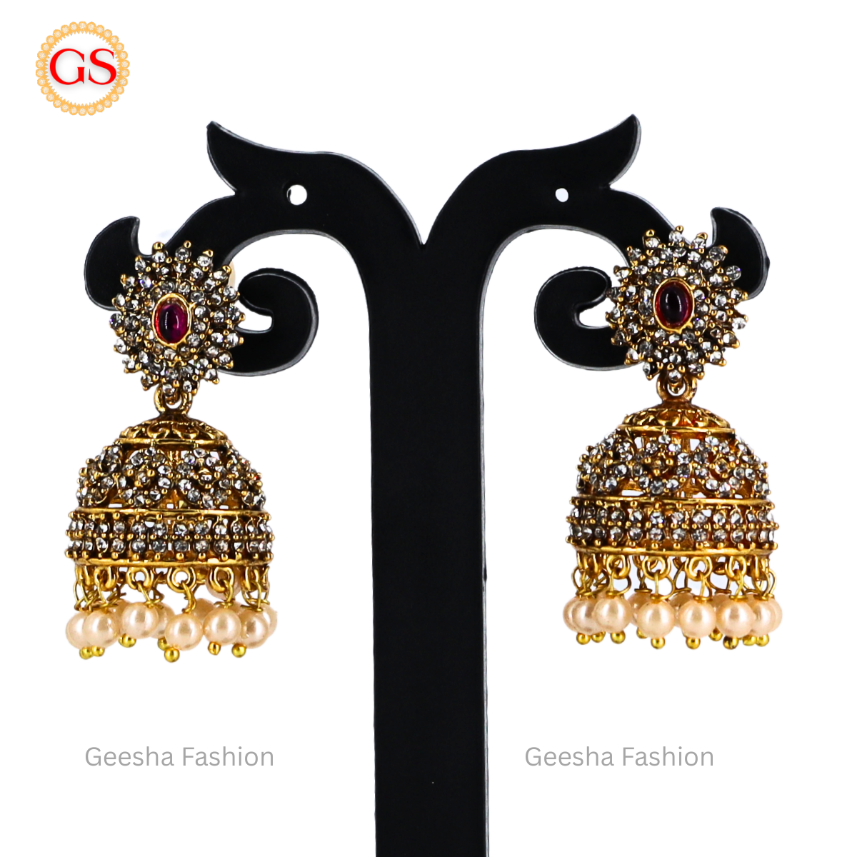 Red And White Stone Pendant Design Antique Finish Chokkar And Jumka Set With Pearl Beads