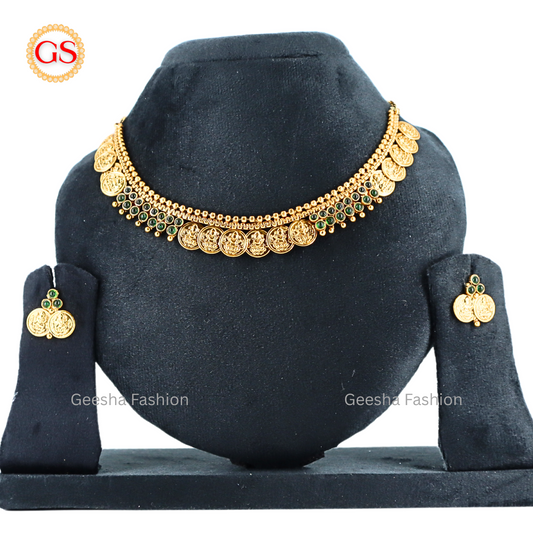 Lakshmi Coin With Green Stones Antique Necklace And Earrings Set