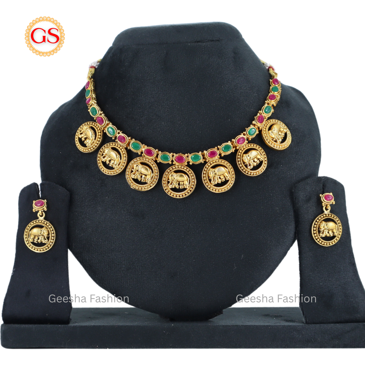 Multicolour Stones With Elephant Design Antique Necklace And Earrings Set