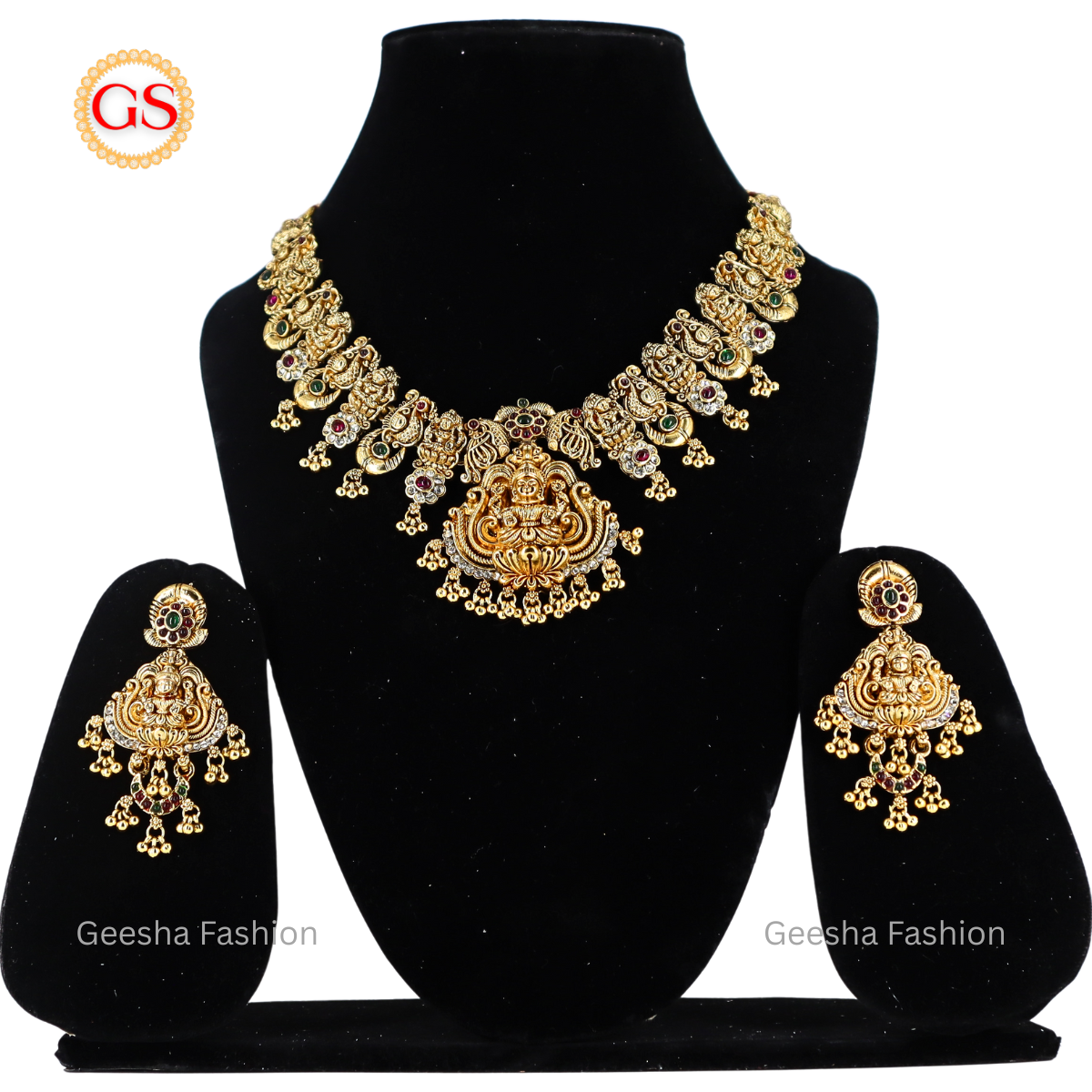 Multicolour Stones With God And Peacock Design Premium Quality Antique Necklace And Earrings Set