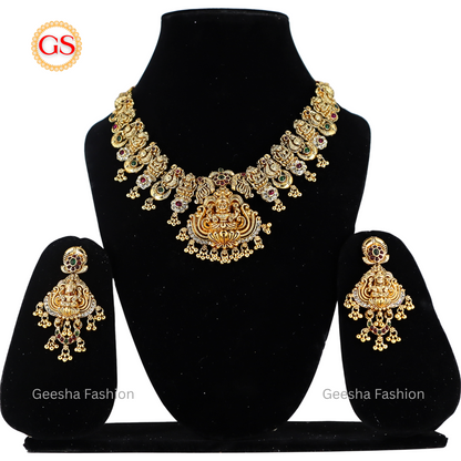 Multicolour Stones With God And Peacock Design Premium Quality Antique Necklace And Earrings Set