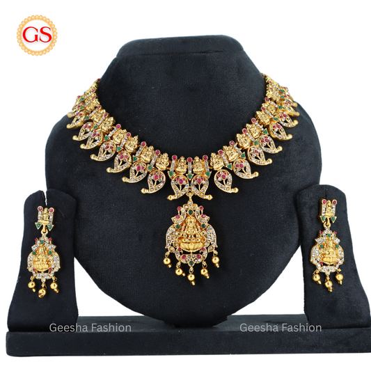 Multicolour Stones with Lakshmi and Mango Design Antique Necklace and Earrings Set