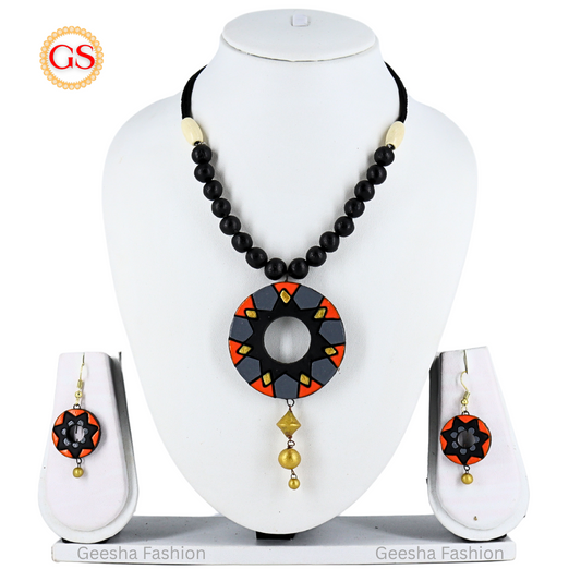 Orange Black And Grey Colour Cutting Design Pendant With Golden Beads Handmade Terracotta Necklace and Earrings