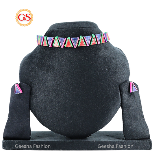 Multicolour Triangle design Handmade Terracotta Chokkar and Earrings