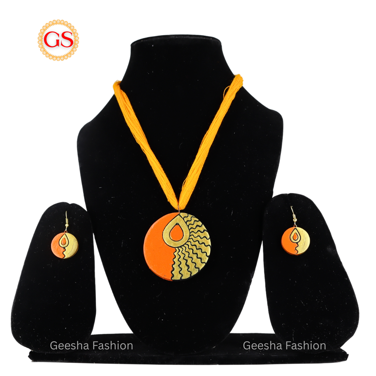 Orange And Golden Colour Chakra Design Handmade Terracotta Necklace and Earrings
