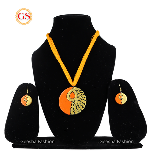 Orange And Golden Colour Chakra Design Handmade Terracotta Necklace and Earrings