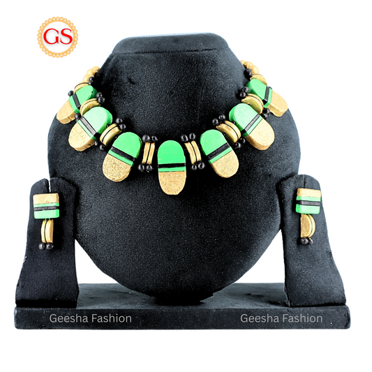 Green And Golden Colour Chocolate Design With Black Beads Handmade Terracotta Necklace and Earrings