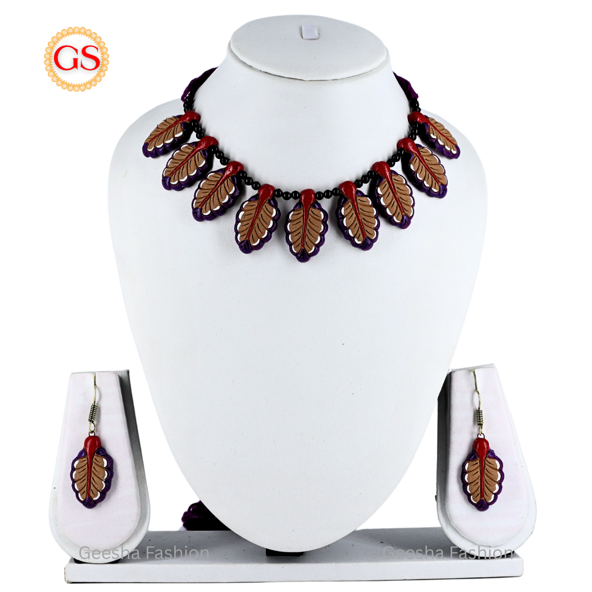 Sandal Red And Black Colour Leaf Design Handmade Terracotta Necklace and Earrings