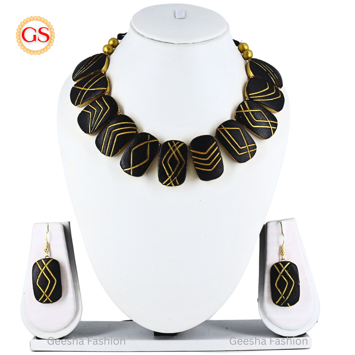 Black Chocolate Design Embed With Golden Geometric Lines Handmade Terracotta Necklace and Earrings