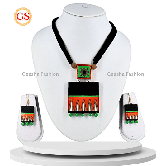 Orange And Black Colour Square Design Pendant With Green Beads Handmade Terracotta Necklace and Earrings