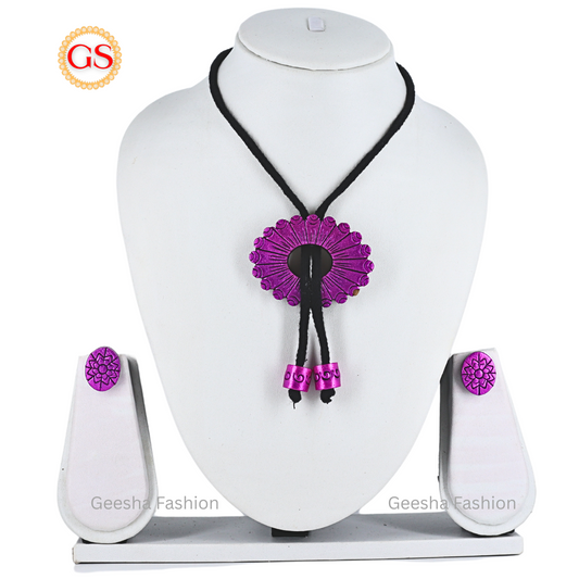 Purple And Black Colour Flower Design Pendant With Purple Beads Handmade Terracotta Necklace and Earrings
