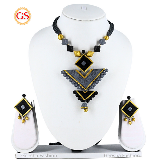 Gray And Black Colour Triple Layer Pendant With Golden Beads Handmade Terracotta Necklace and Earrings