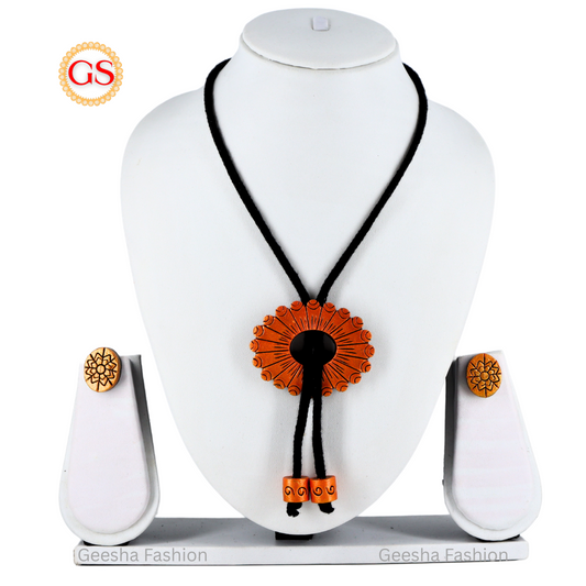 Orange And Black Colour Flower Design Pendant With Orange Beads Handmade Terracotta Necklace and Earrings