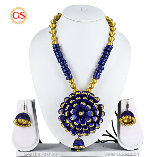 Blue And Golden Colour Flower Design Pendant With Golden Beads Handmade Terracotta Haram and Earrings
