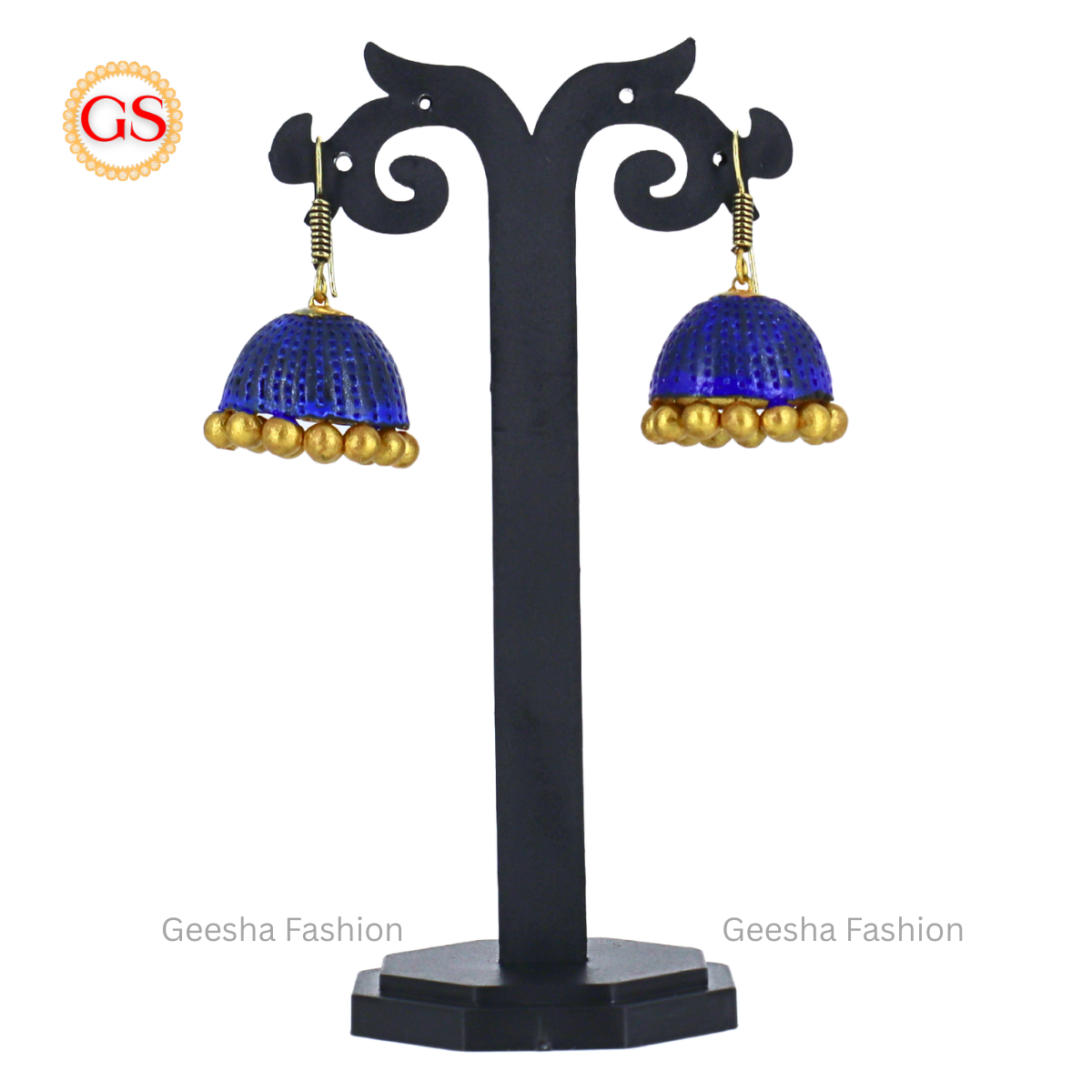 Blue And Golden Colour Flower Design Pendant With Golden Beads Handmade Terracotta Haram and Earrings