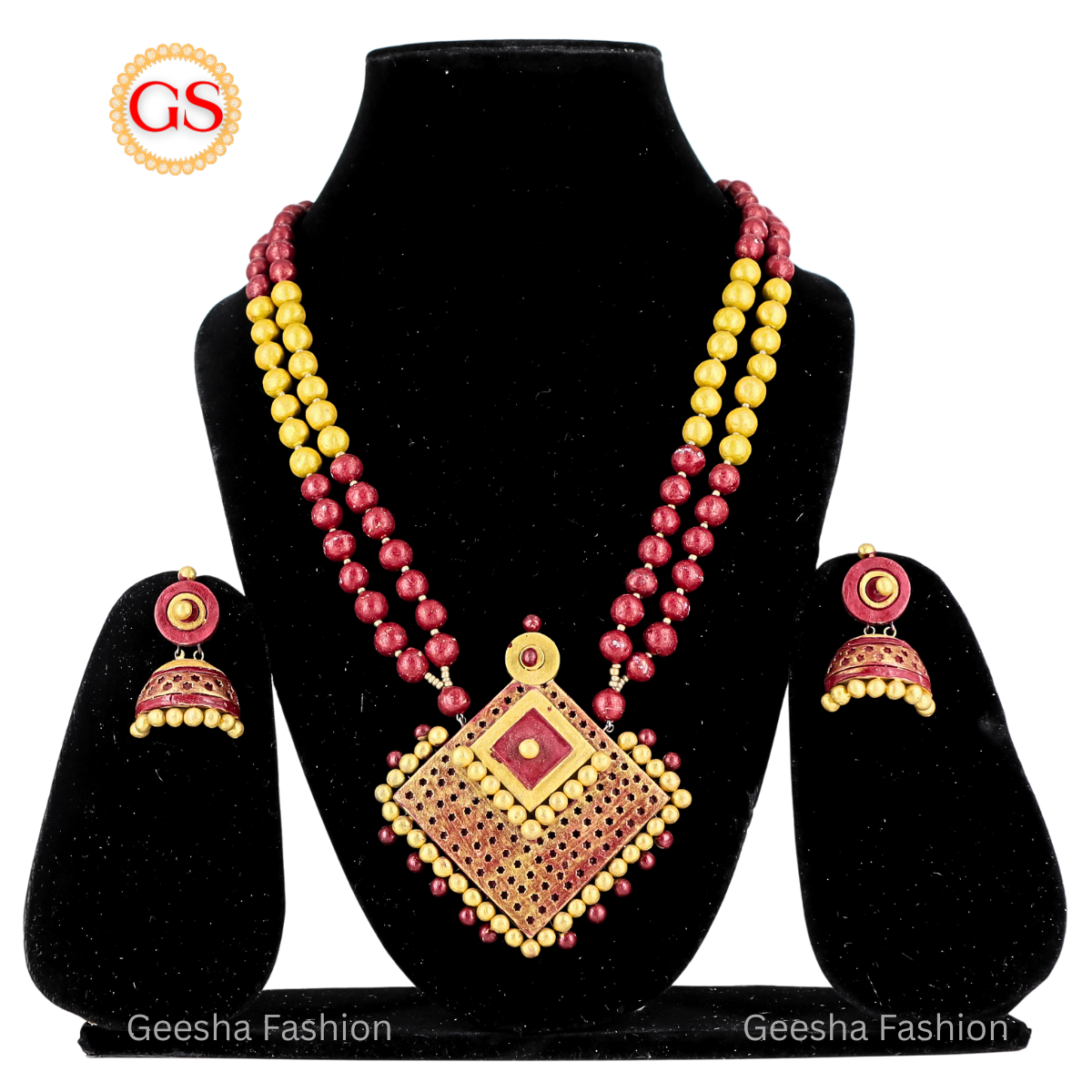 Brown And Golden Colour Square Design Pendant With Double Layer Beads Handmade Terracotta Haram and Earrings