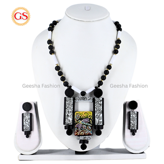 Black And White Colour Hand Painted Pendant With Black Beads Handmade Terracotta Haram and Earrings