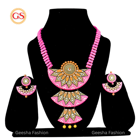 Handmade Pink and Sandal Triple Layer Floral Design Terracotta Haram with Golden Beads & Matching Earrings – Eco-Friendly Ethnic Jewelry