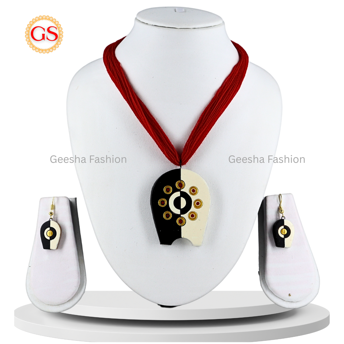 Black And Sandal Colour Pendant With Golden Design Handmade Terracotta Necklace and Earrings