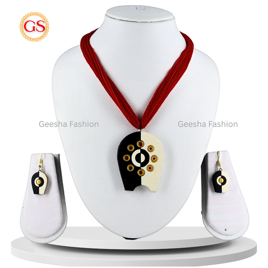Black And Sandal Colour Pendant With Golden Design Handmade Terracotta Necklace and Earrings