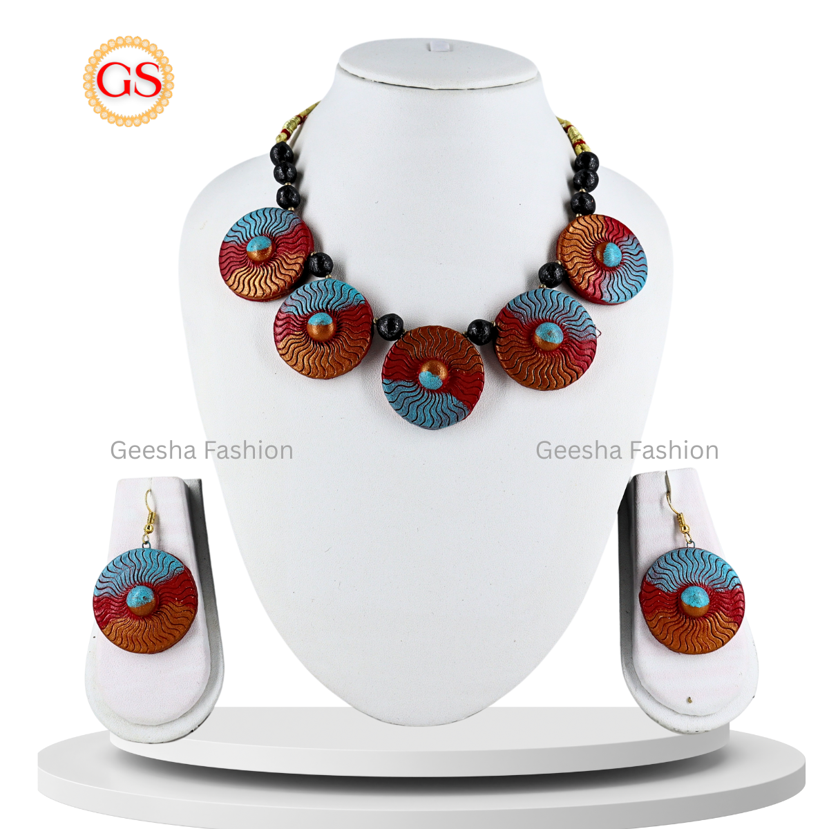 Red And Blue Colour Chakra Design Handmade Terracotta Necklace and Earrings