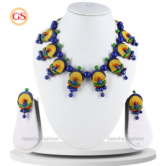 Blue And Yellow Colour Peacock Design With Beads Handmade Terracotta Necklace and Earrings