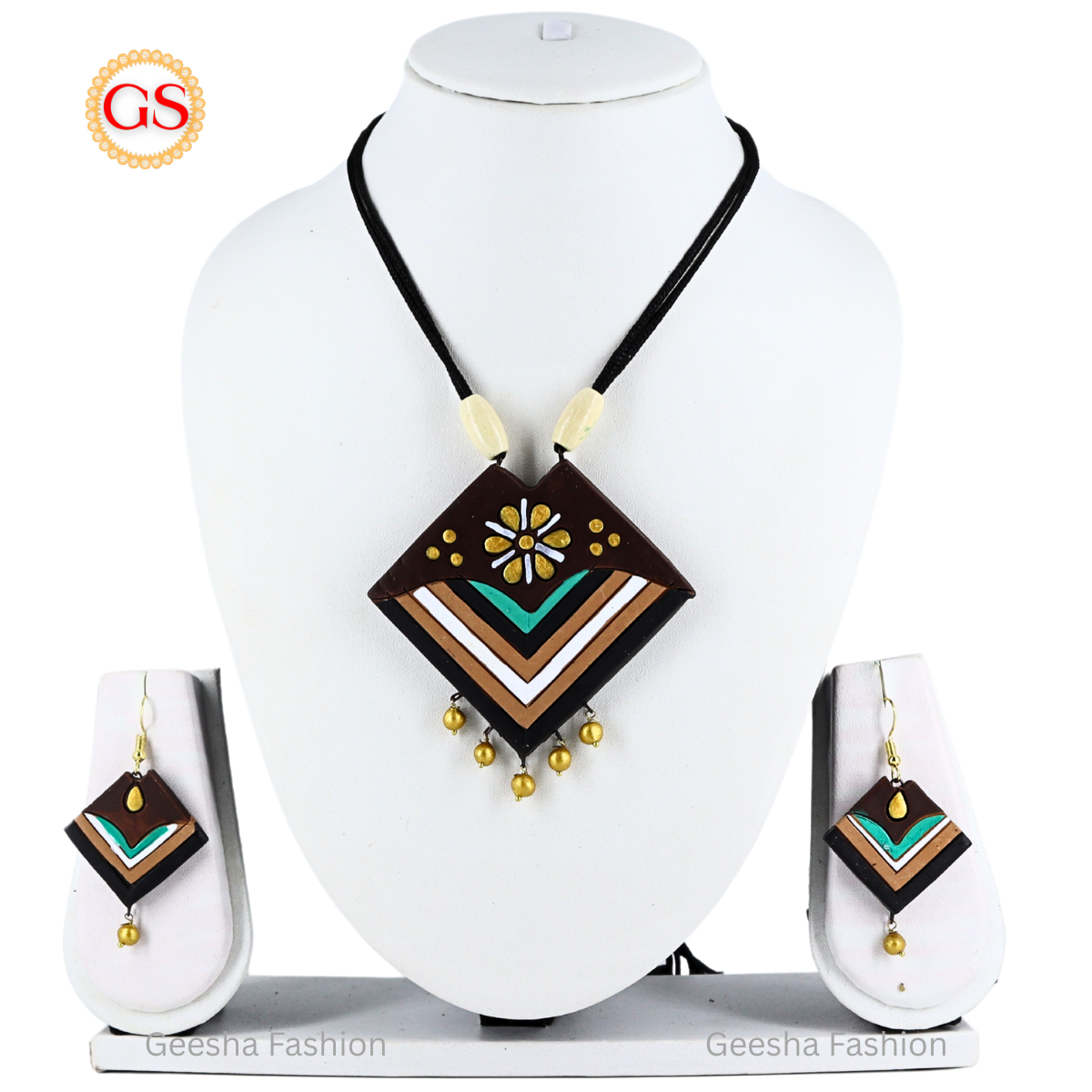Chocolate and Golden Colour Pendant With Golden Beads Handmade Terracotta Necklace and Earrings