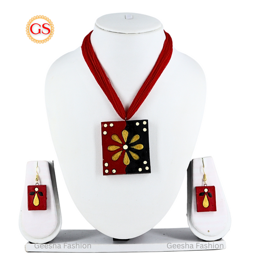 Red And Black Colour Pendant With Golden Flower Design Handmade Terracotta Necklace and Earrings