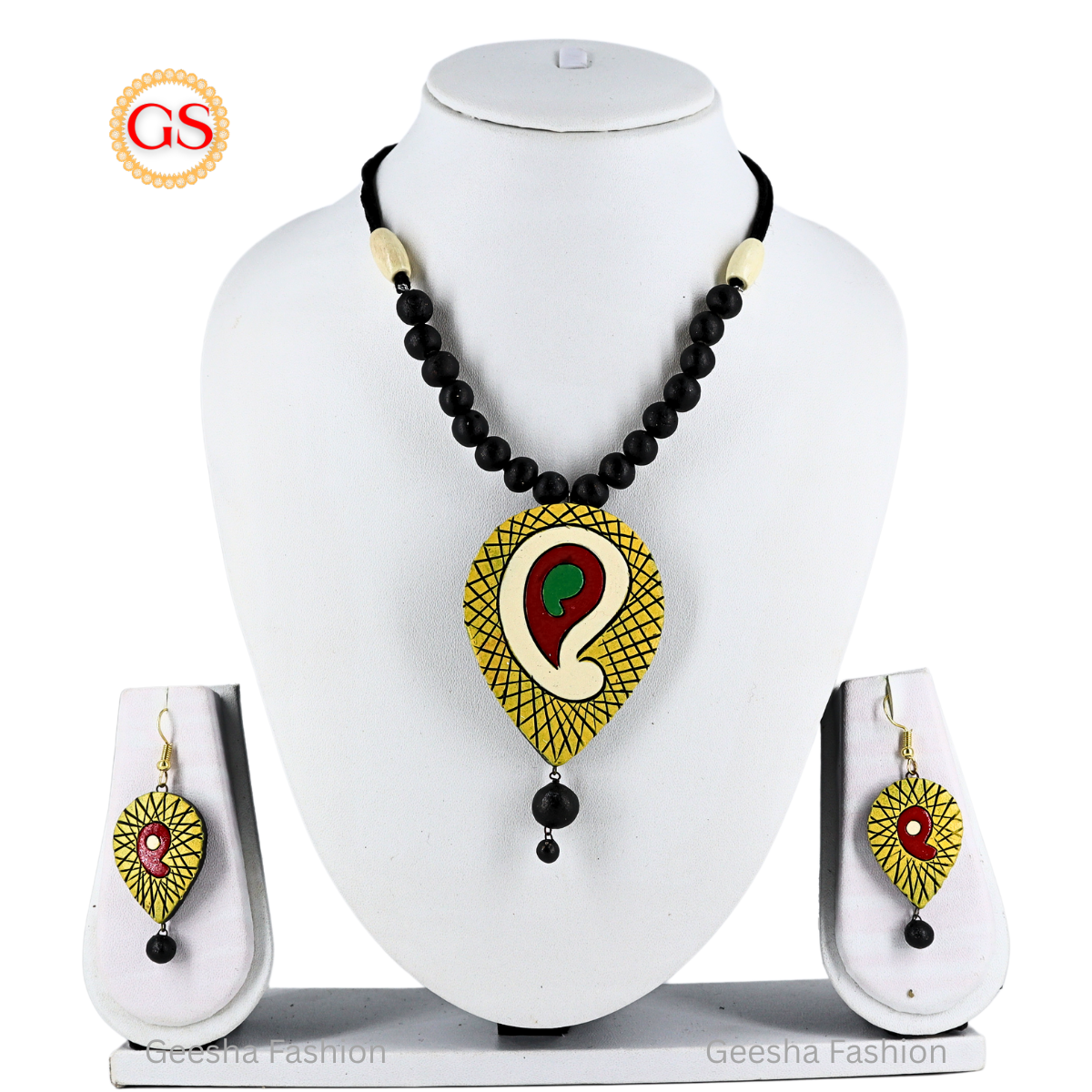Yellow And Red Colour Pendant with Black Beads Handmade Terracotta Necklace and Earrings