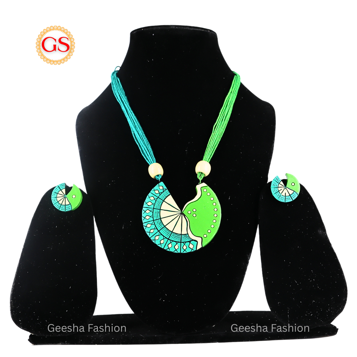 Blue And Green Colour Cutting Design Pendant With Sandal Beads Handmade Terracotta Necklace and Earrings