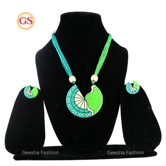 Blue And Green Colour Cutting Design Pendant With Sandal Beads Handmade Terracotta Necklace and Earrings
